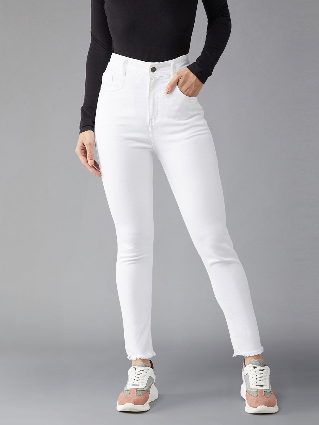 Women's White Skinny High-Rise Clean-Look Bleached Stretchable Denim Jeans
