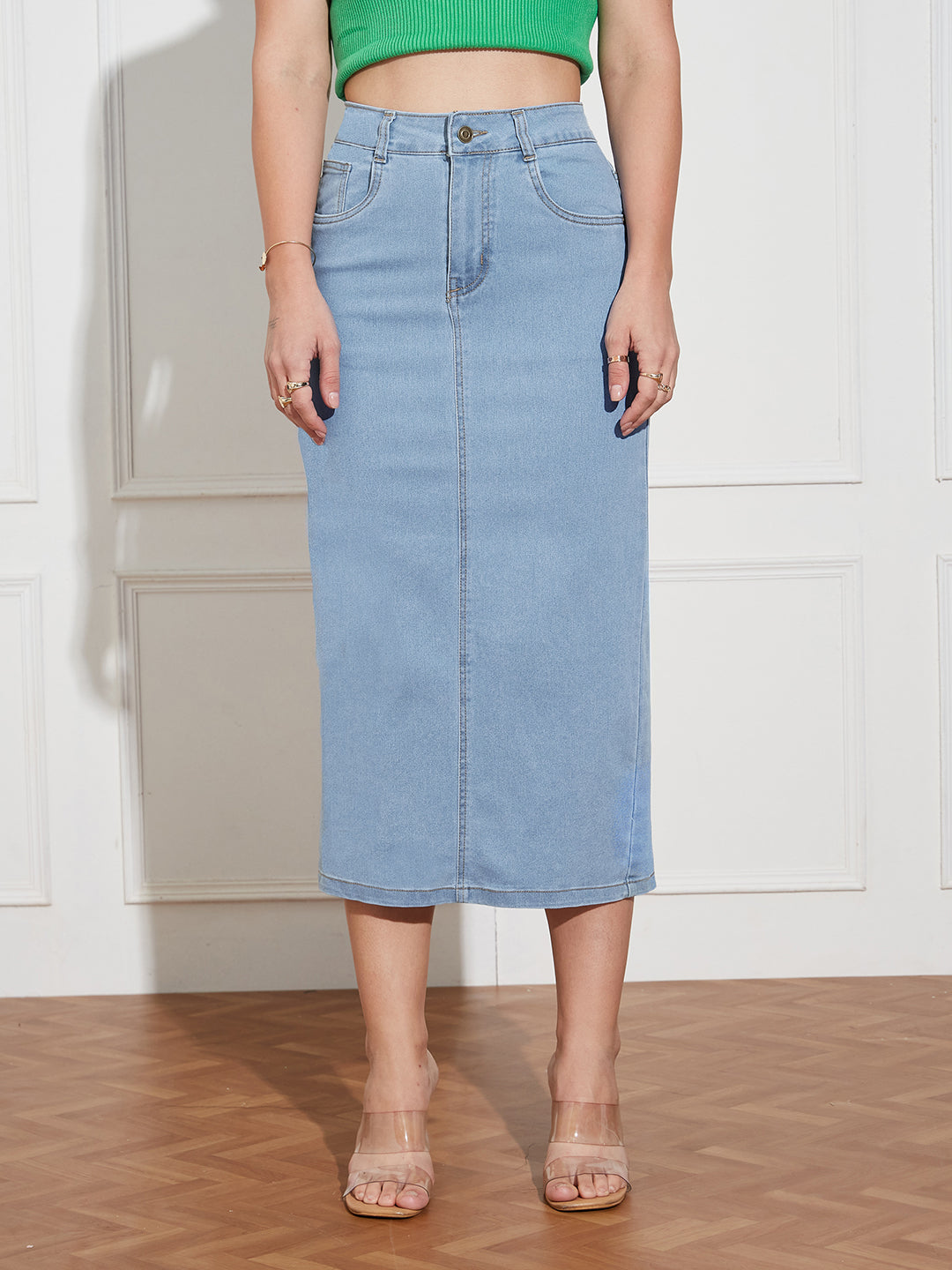 Women's Light Blue Straight High Rise Clean Look Midi Stretchable Denim Denim Skirt