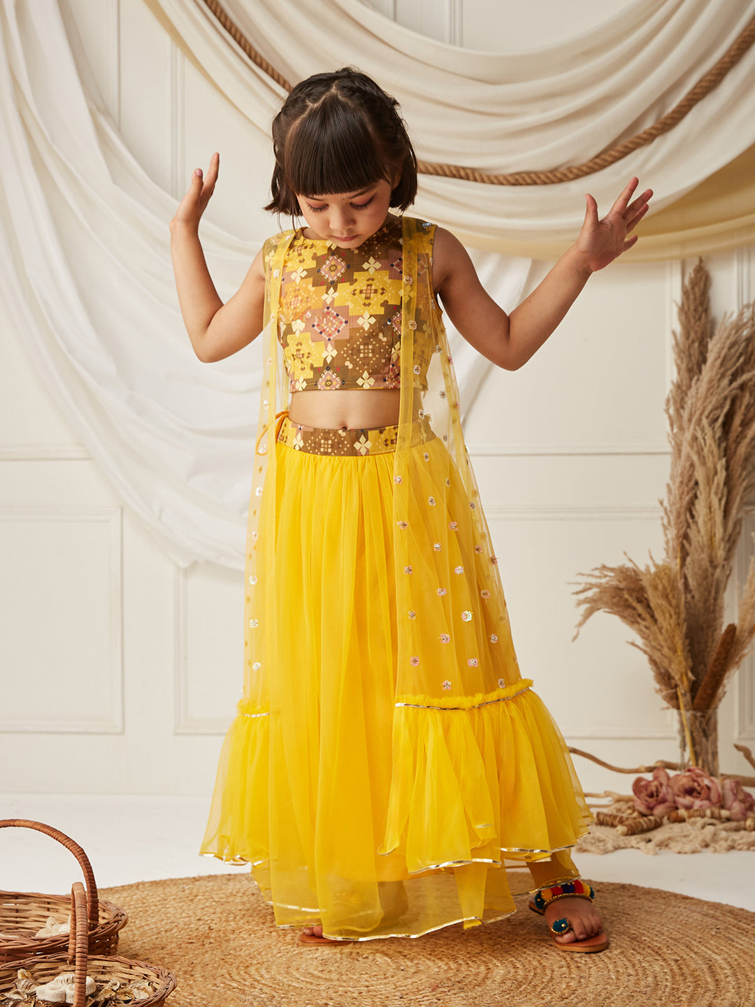 Multicolored-Base-Mustard Boat-Neck Sleeveless Embellished Fit & Flare Regular Fusion Set