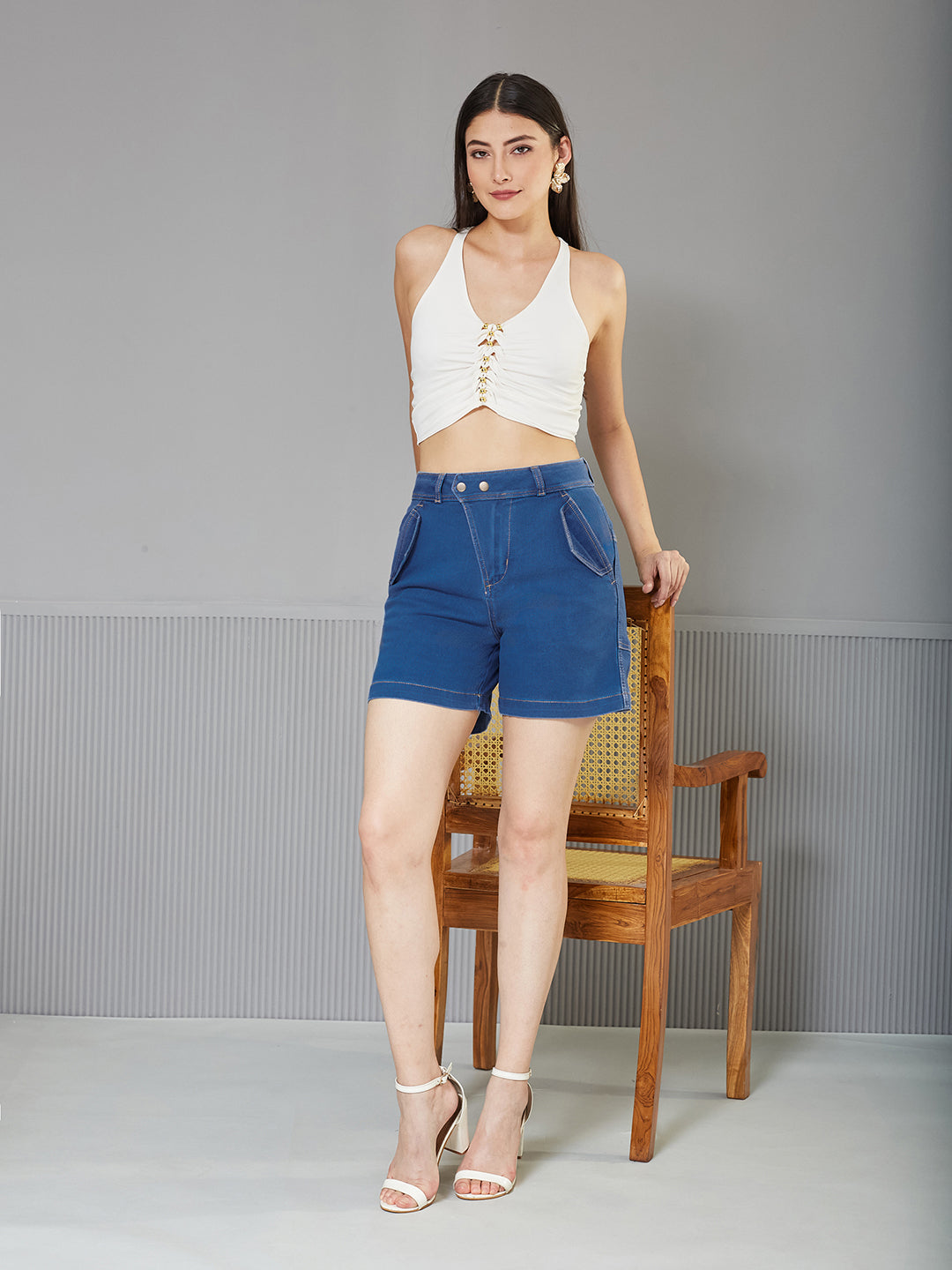 Women's Blue Relaxed-Fit Mid-Rise Clean-Look Stretchable Denim Bermuda Shorts