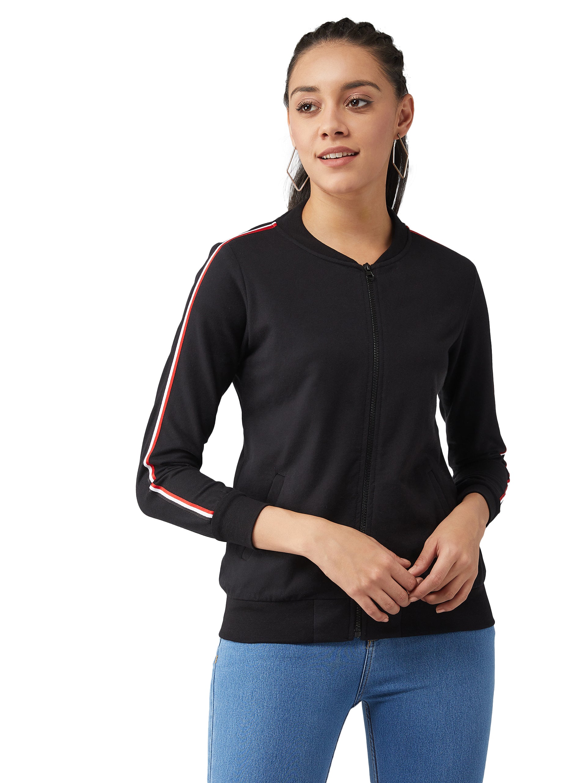 Black V-Neck Full Sleeves Cotton Solid Zippered Twill Tape Detailing Bomber Jacket for Women
