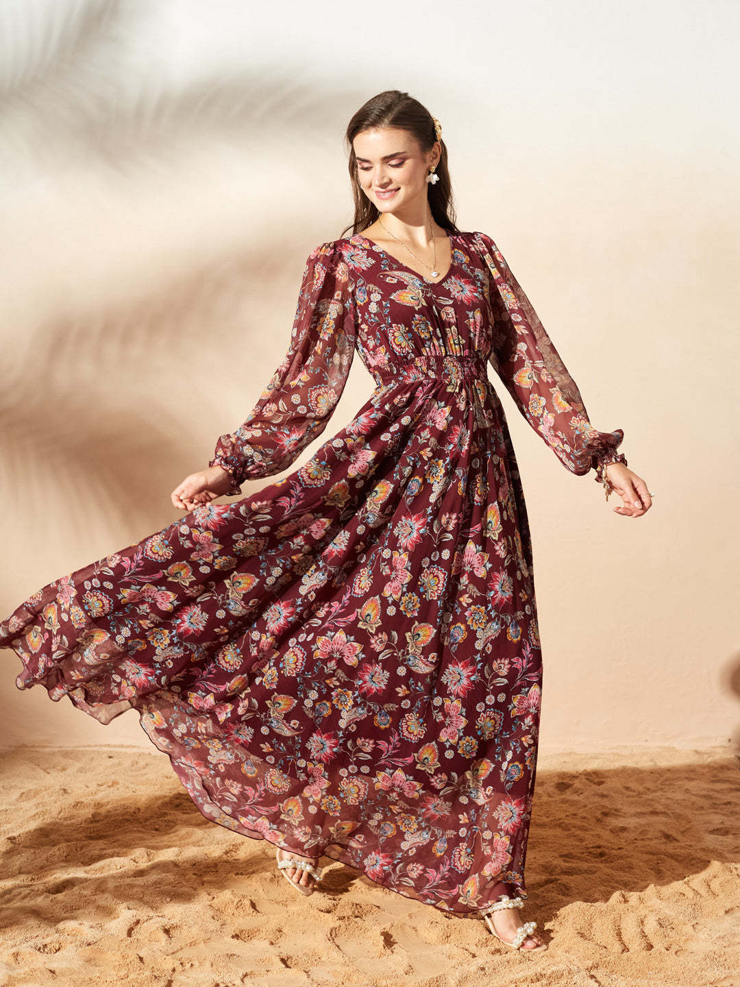 Burgundy Multicoloured Full Sleeves Floral Printed Fit and Flare Dress for Women