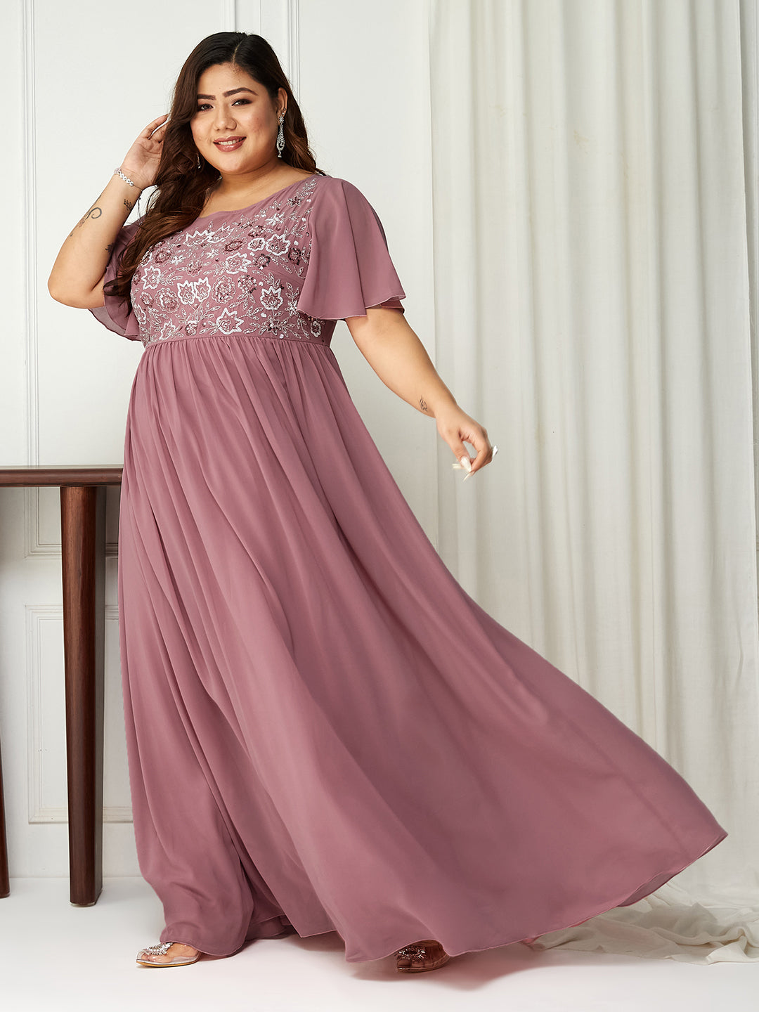 Body Bliss Lavender Sequin Embroidery Georgette Maxi Dress