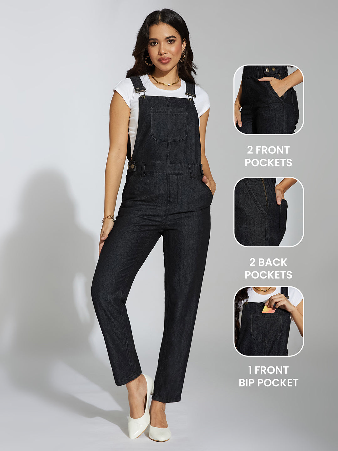 Women's Black High-Rise Clean-Look Regular Stretchable Skinny Denim Dungaree