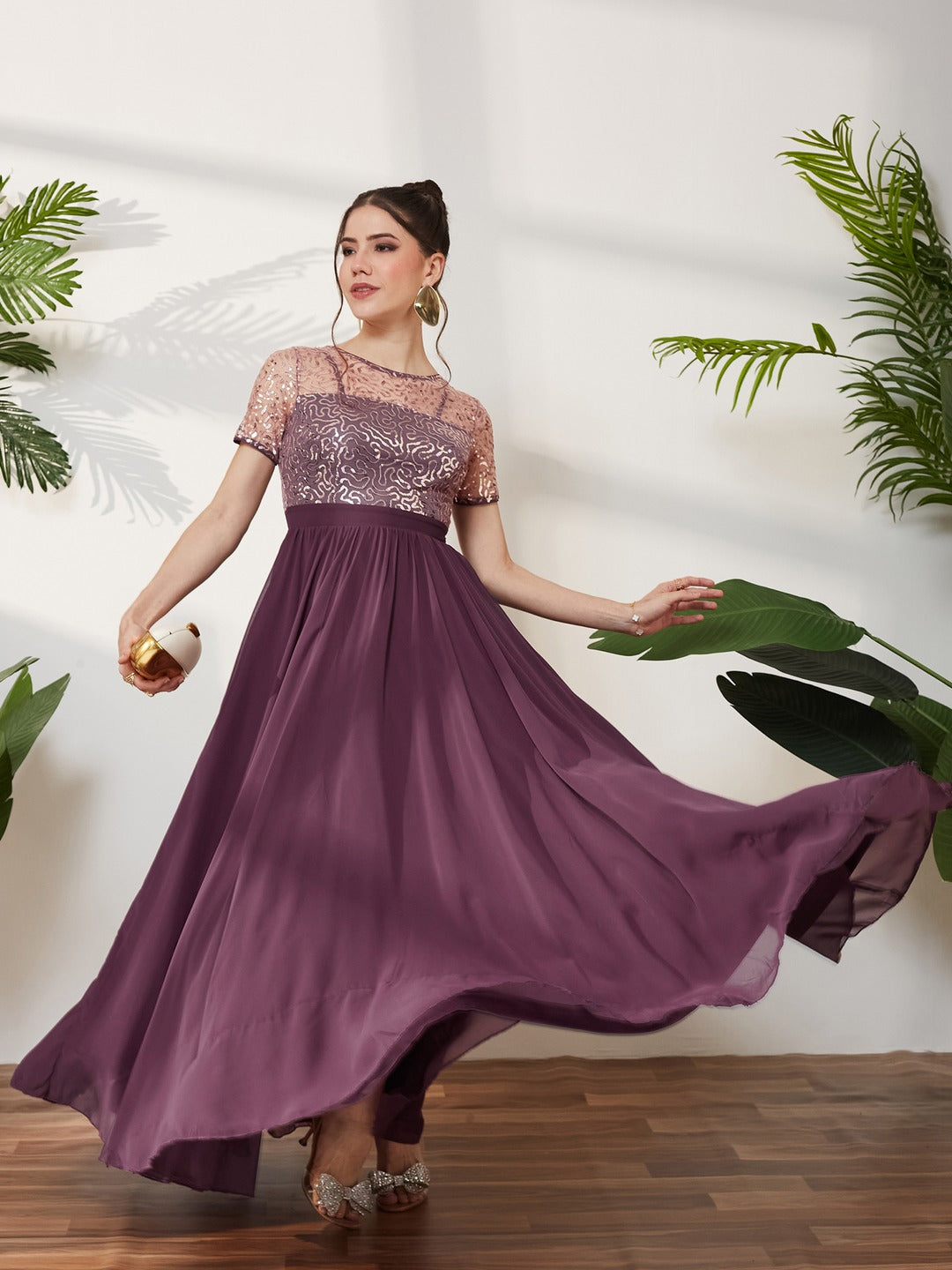Mauve Relaxed Fit Maxi Georgette & Sequins Dress for Women