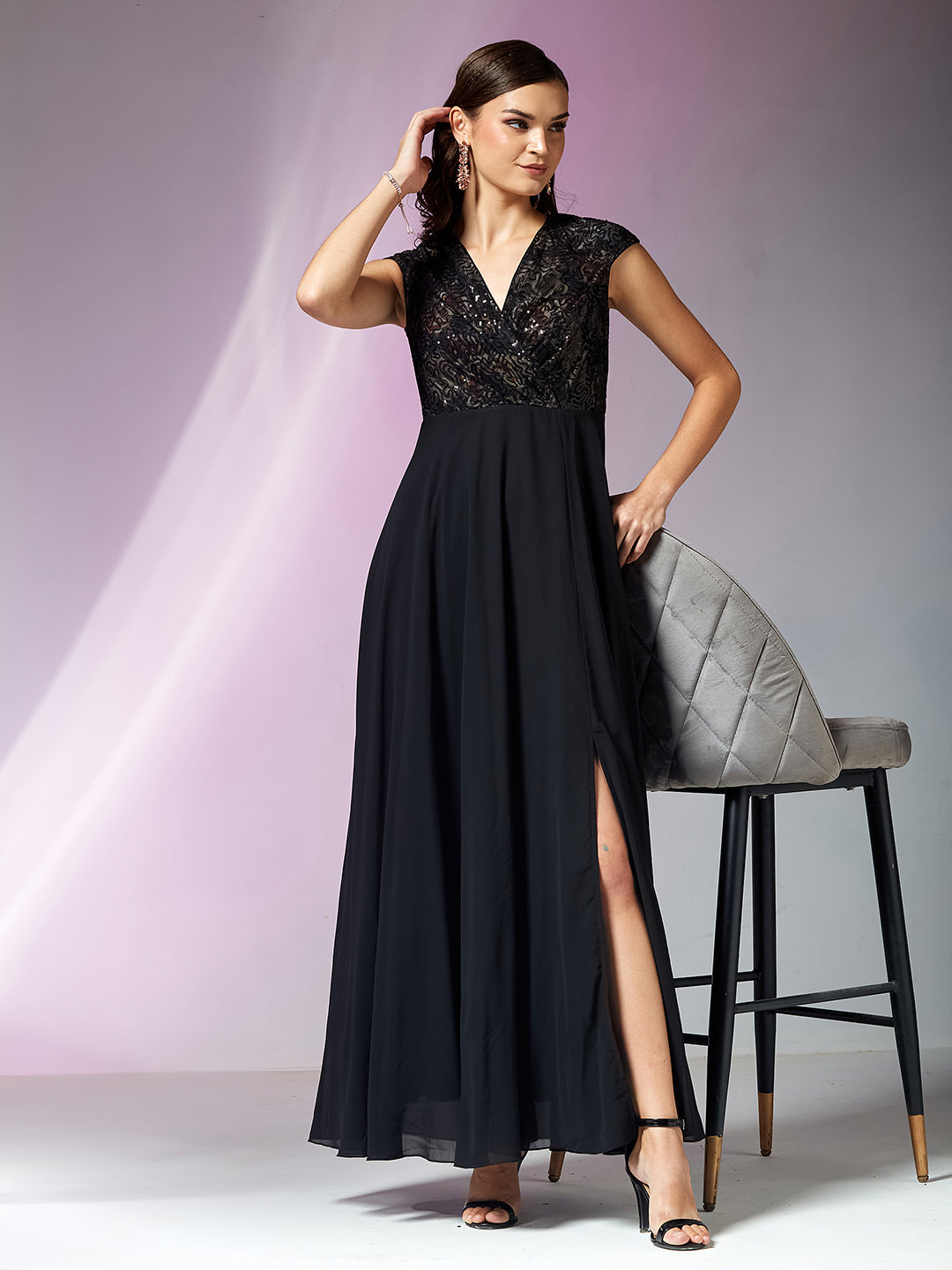 Black Extended Shoulder Embellished Georgette Maxi Dress for Women