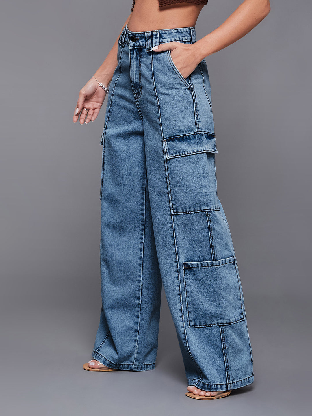 Women's Light Blue Wide-Leg High-Rise Cargo Denim Jeans
