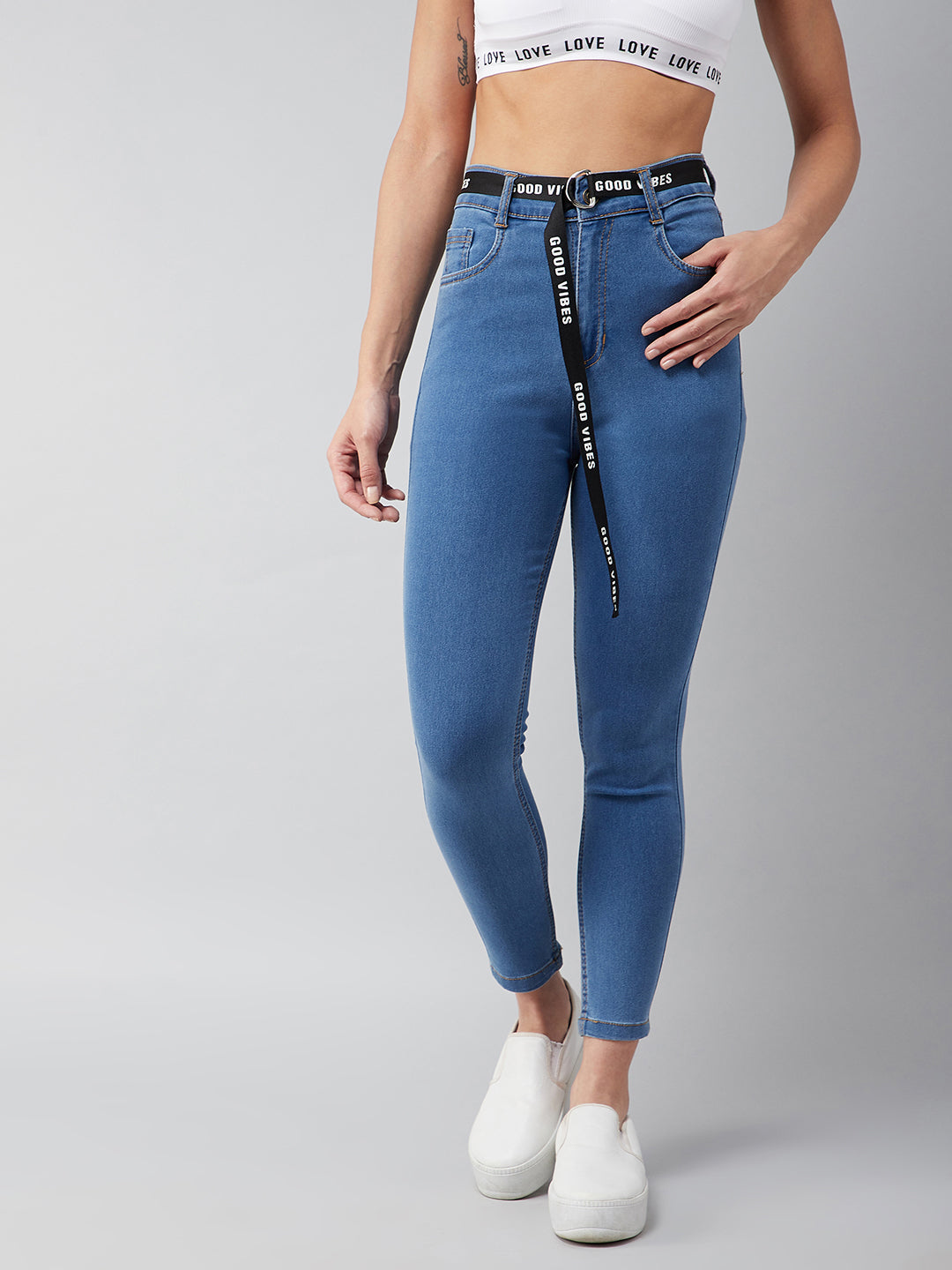 Women's Blue Cotton Skinny-Fit Cropped High-Rise Stretchable Denim Jeans