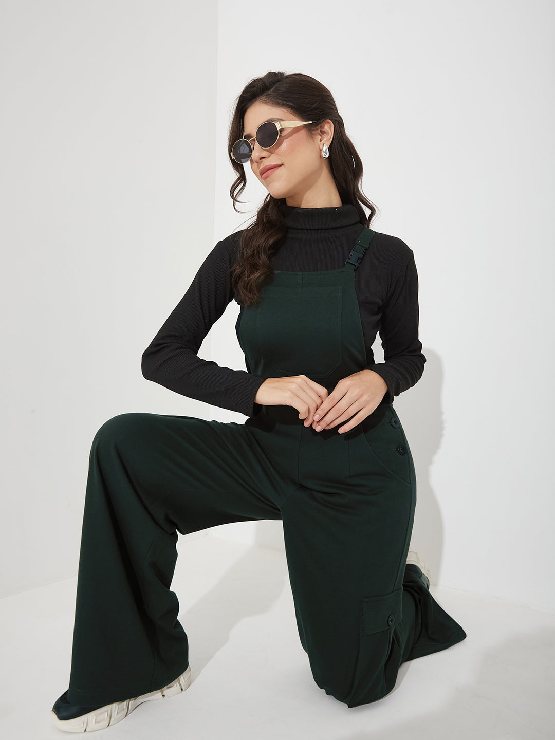 Women's Bottle-Green Square Neck Sleeveless Solid Wide Leg Full Length Cotton Dungaree