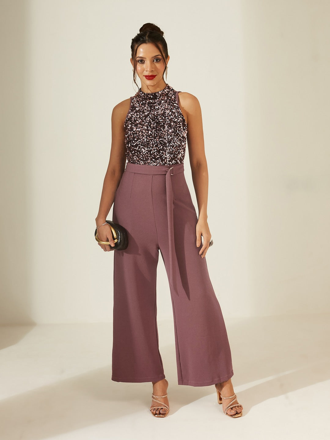 Mauve Sleeveless Embellished Halter Neck Regular Jumpsuit for Women