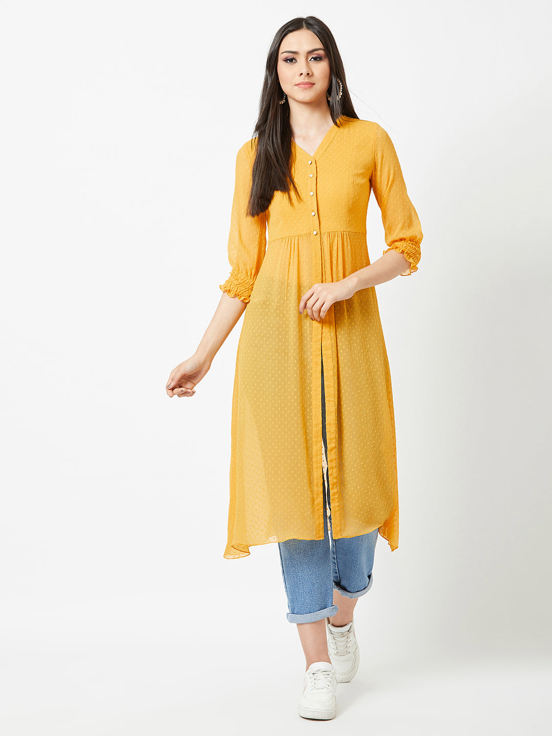 Women's Mustard Yellow V-Neck 3/4 Sleeves solid empire Maxi Top