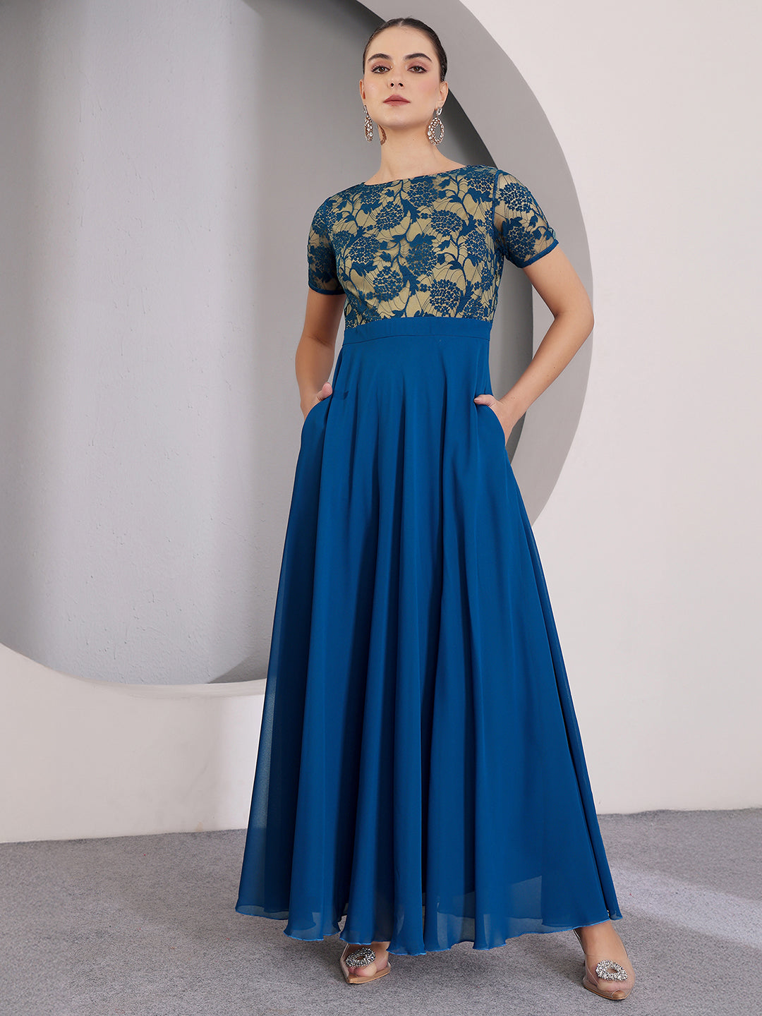 Royal Blue Round Neck Half Sleeve Self Design Fit & Flare Georgette Maxi Dress for Women