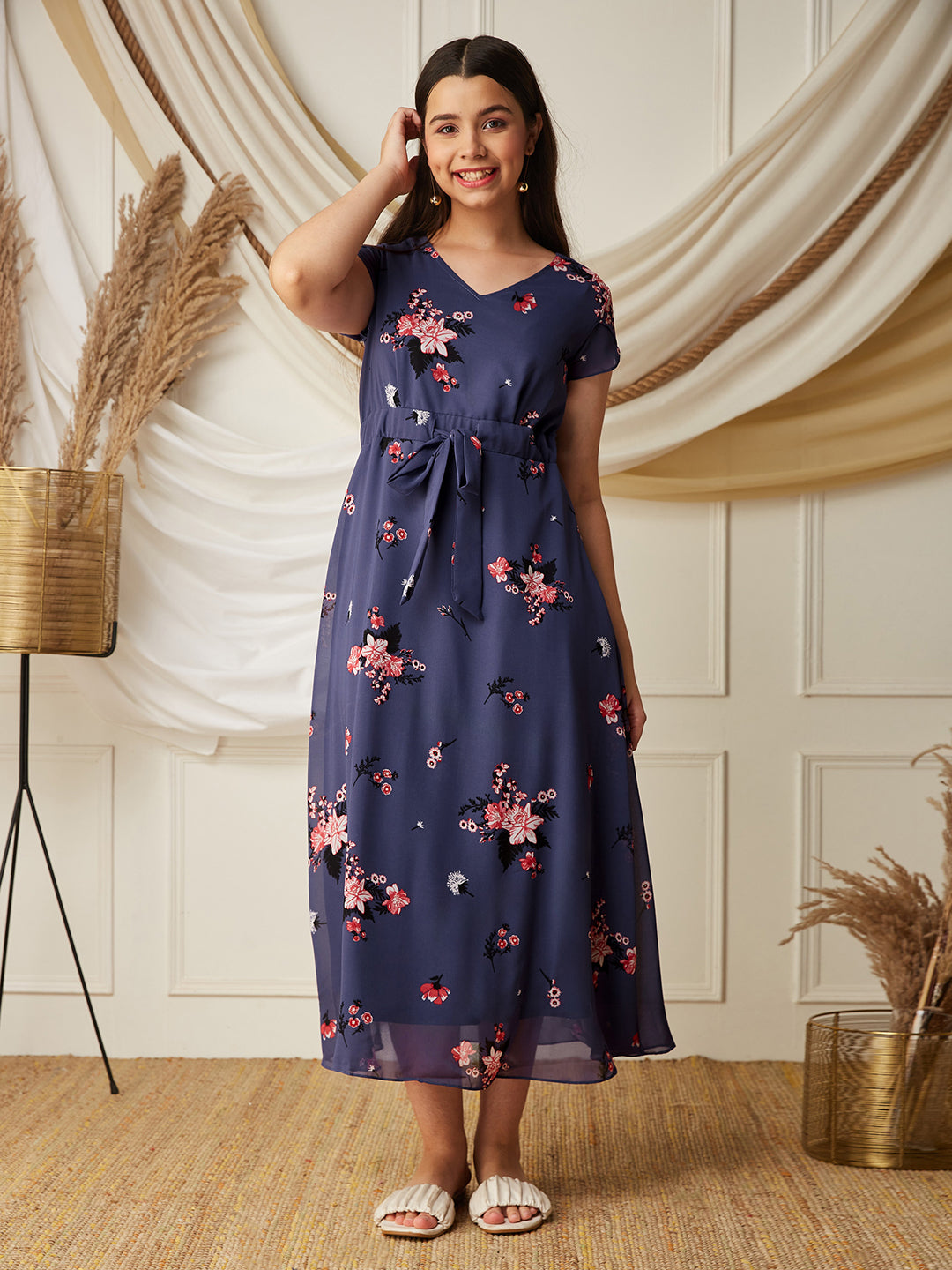Multicolored Base Lavender V-Neck Short Sleeved Floral Pleated Midi Dress