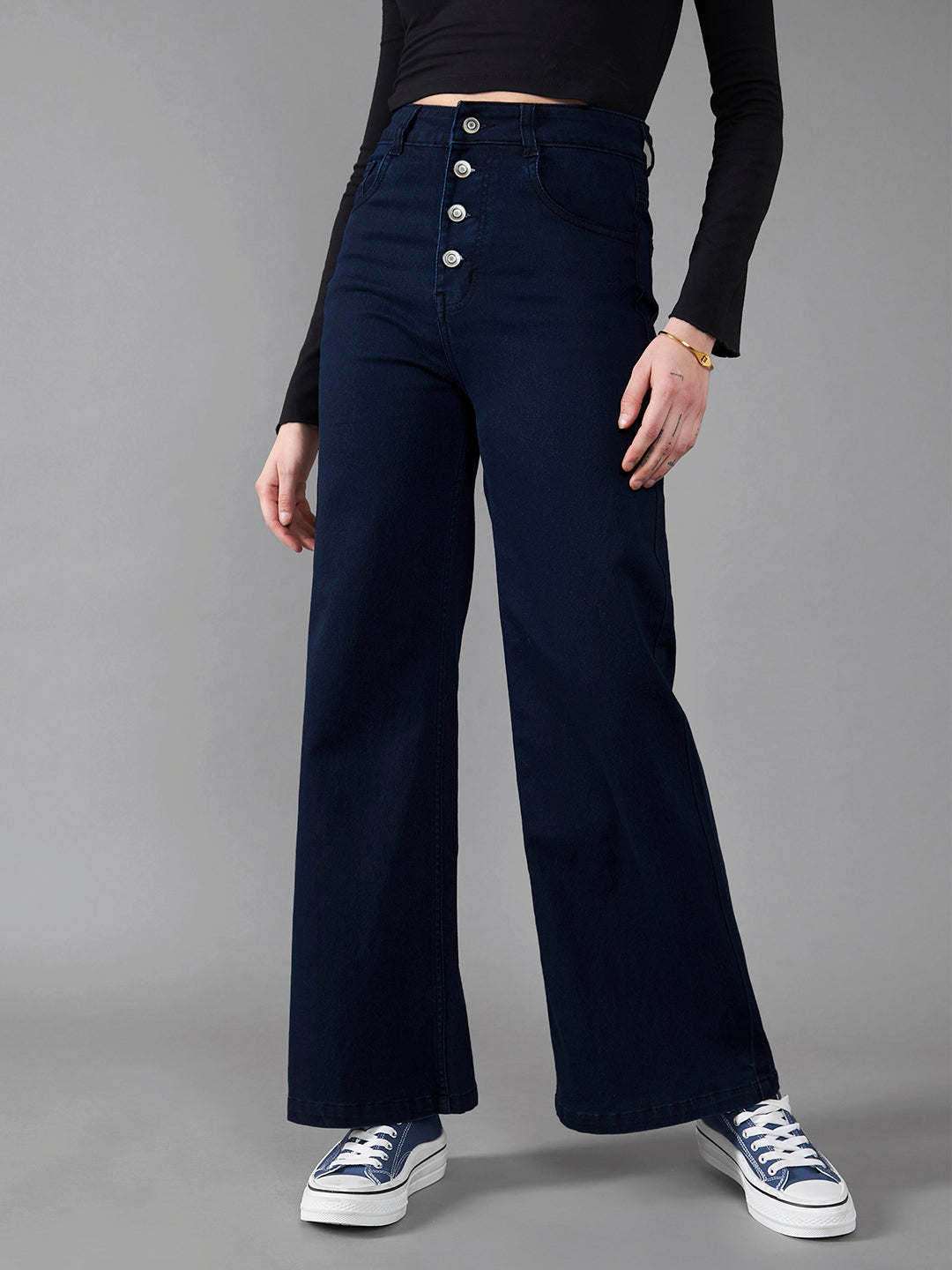 24/7 Comfort Navy-Blue Wide-Leg High-Rise Stretchable Denim Jeans
