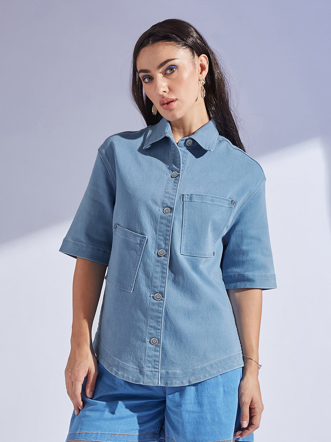 Light Blue Shirt Collar Half Sleeve Asymmetrical Panelled Regular-Length Denim Shirt For Women