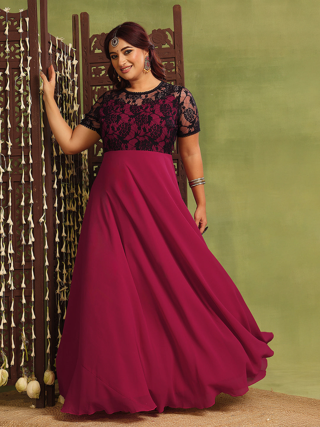 Women's Dark Pink Georgette Short-Sleeved Self-Design Lace-Overlaid Maxi Dress