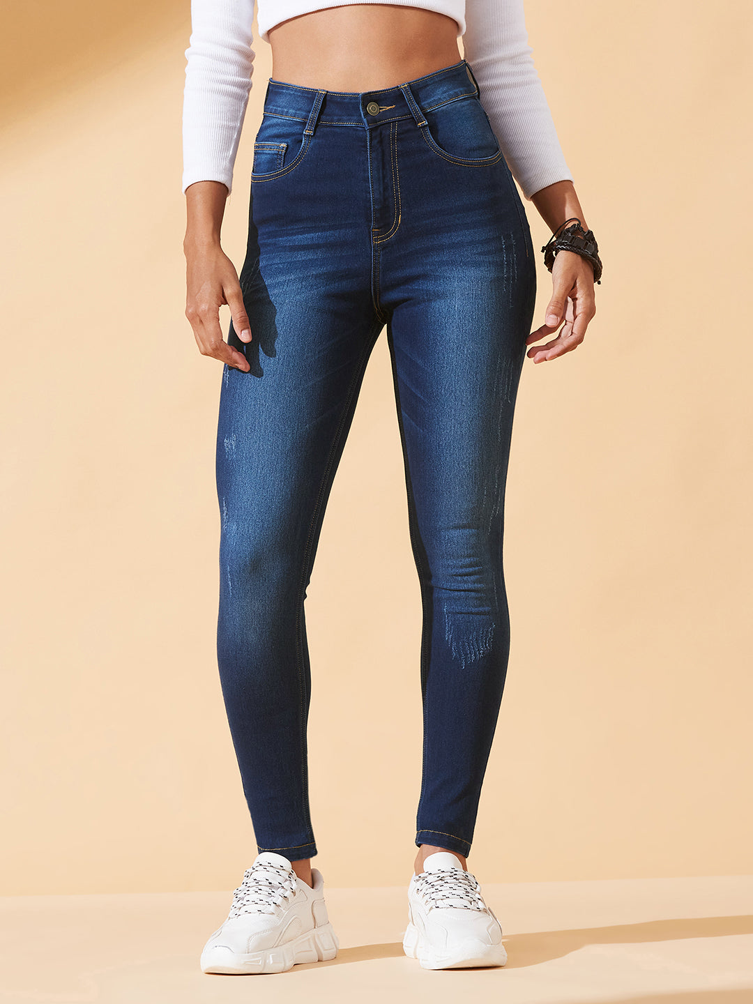 High-Rise Navy-Blue Skinny-Fit Jeans with Mild Distress, Whiskering & Cat Scratch Detailing for Women