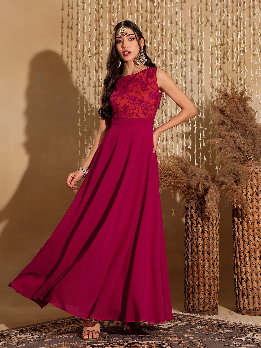 Women's Dark Pink & Rust Boat Neck Sleeveless Self Design Lace Overlaid Regular Dress