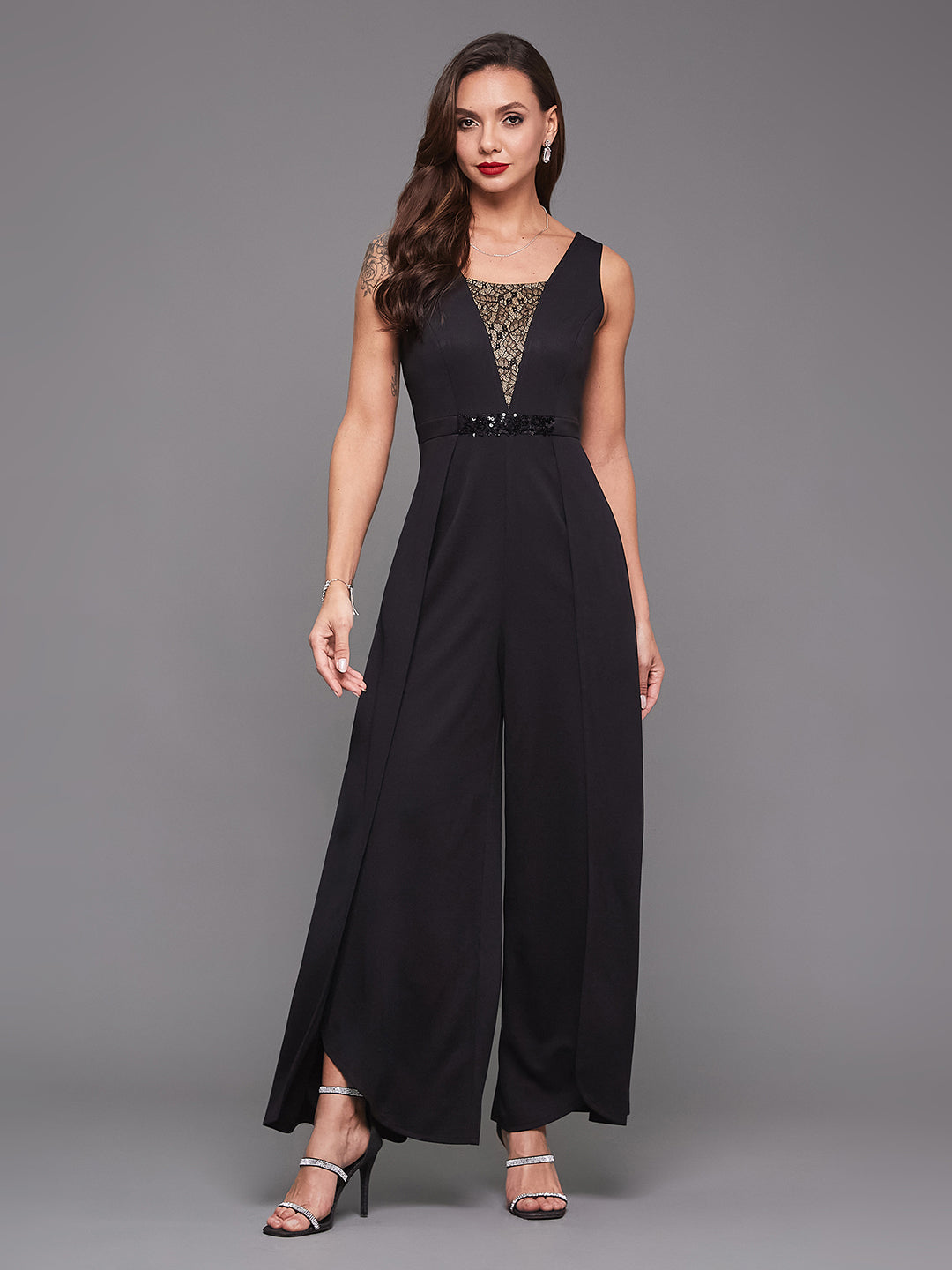Crease Ease Cocktail Women's Black Square Neck Sleeveless Sequined Lace Layered Party Jumpsuit