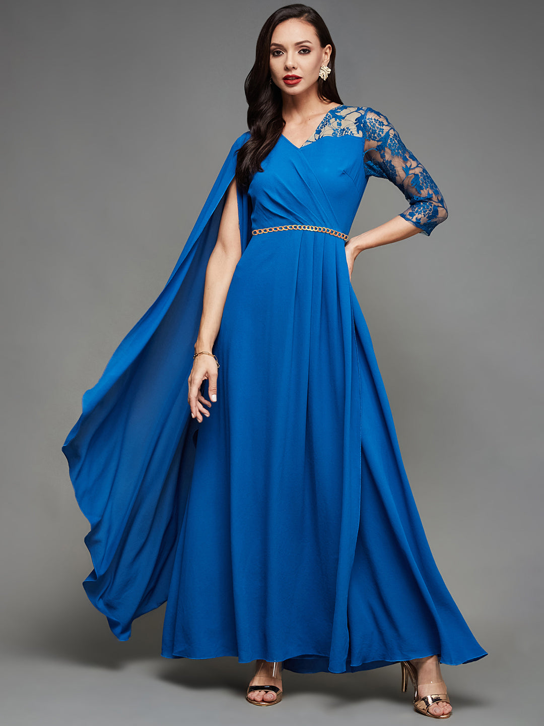 Women's Royal Blue V-Neck Asymmetric Embellished Maxi Georgette Dress