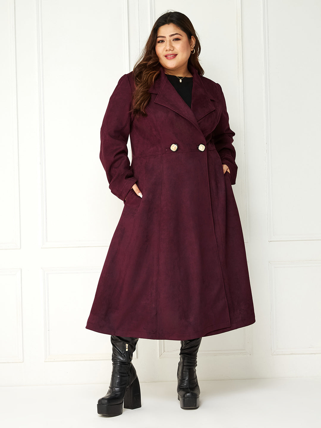 Body Bliss Wine Solid Double Breasted Longline Jacket