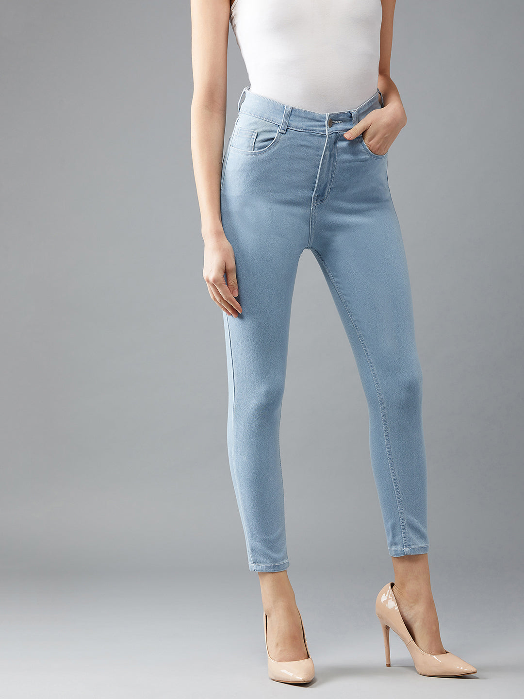 24/7 Comfort Light Blue Skinny Fringed Hemline Detailing High-Rise Cropped Solid Stretchable Denim Jeans