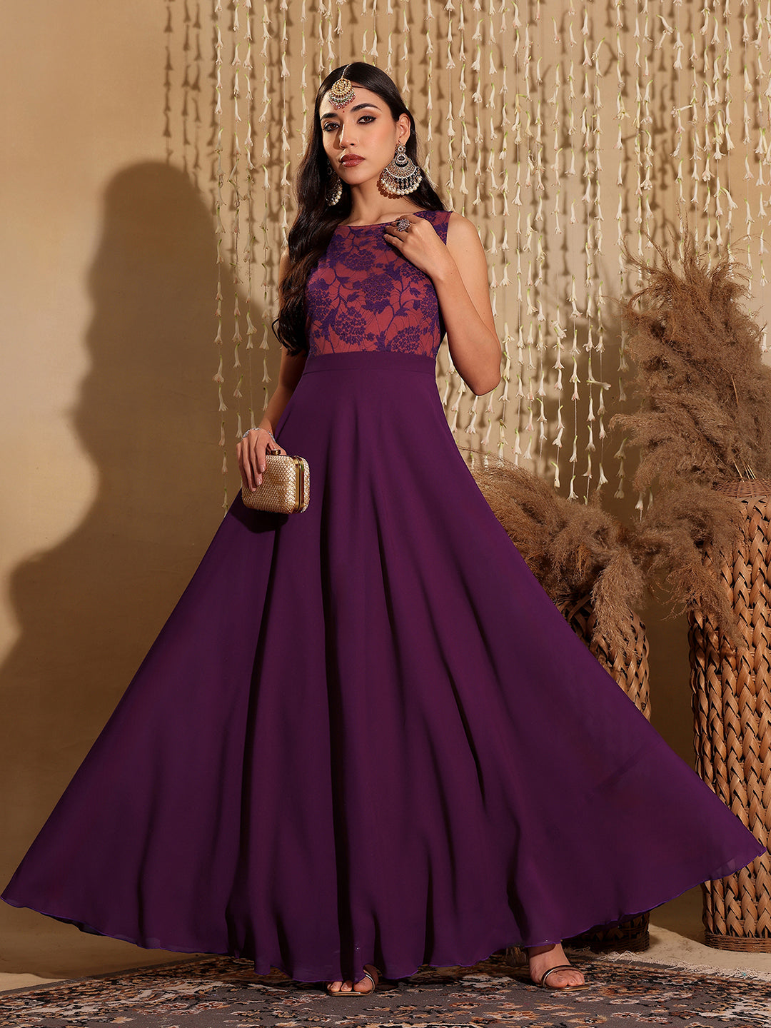 Women's Dark Purple Round Neck Sleeveless Georgette & Lace Floral Fit & Flare Maxi Dress
