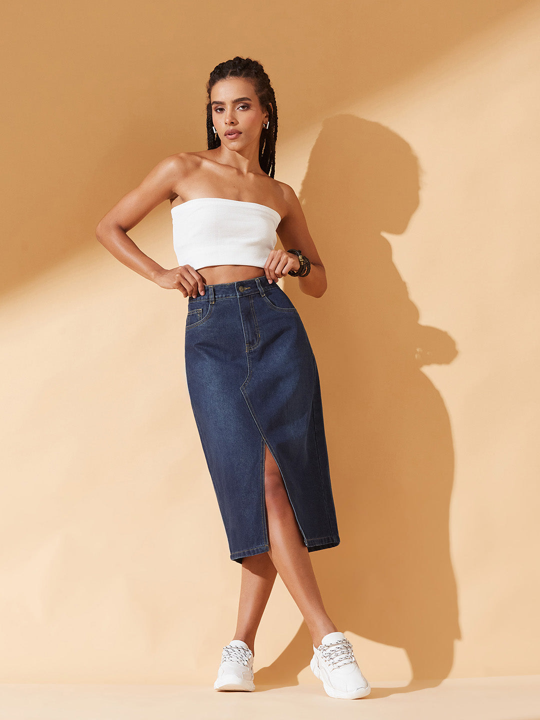 Dark Blue A-Line High-Rise Non-stretchable Denim Midi Skirt for Women