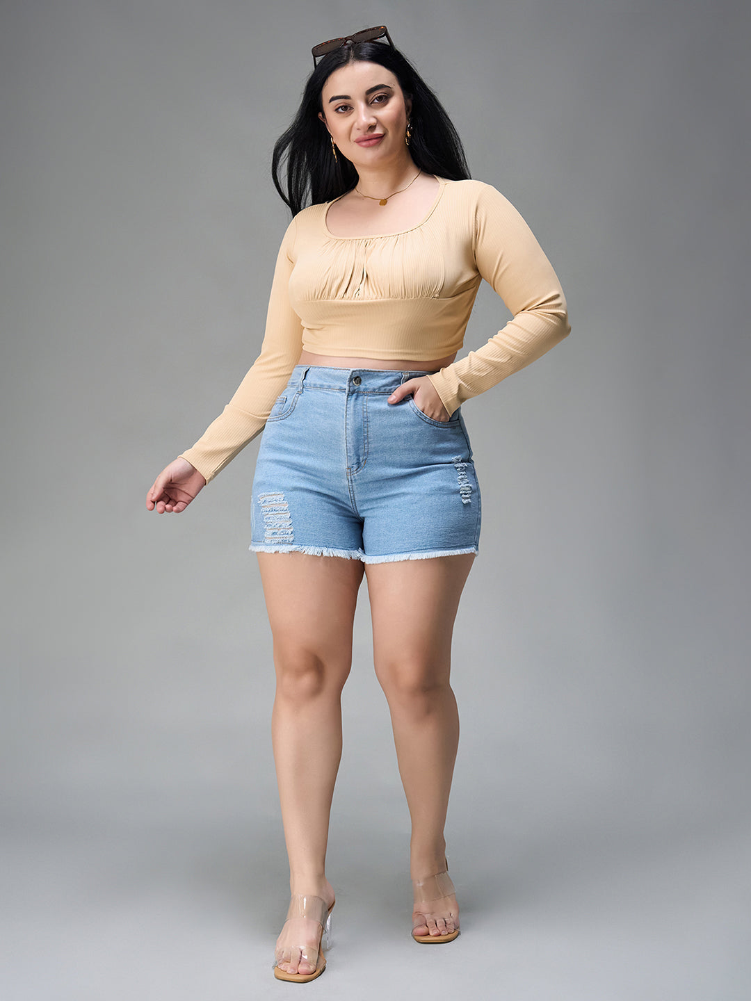 Blue denim shorts with a high waist for women
