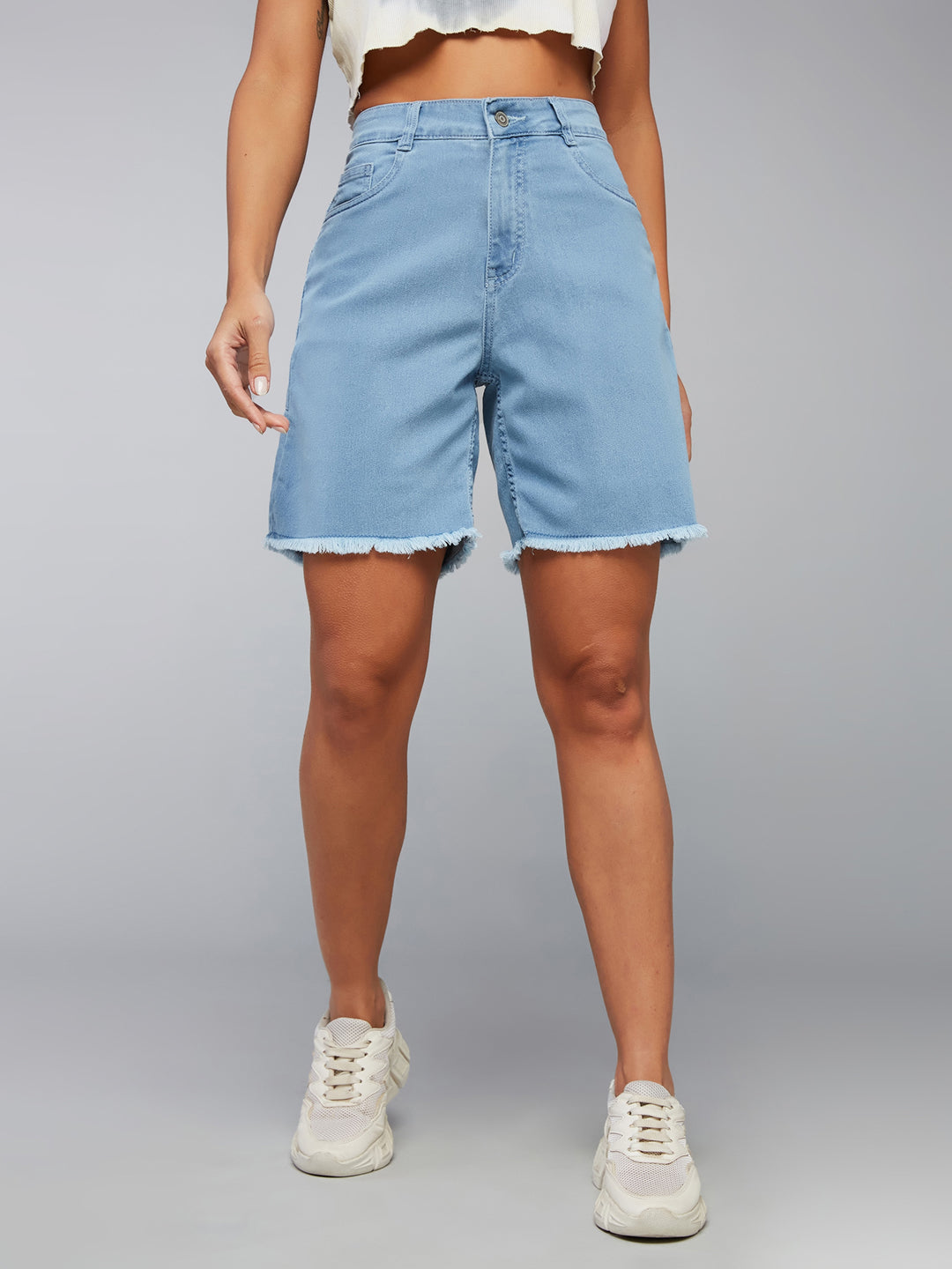 Light-Blue Regular High-Rise Above Knee Stretchable Denim Shorts for Women