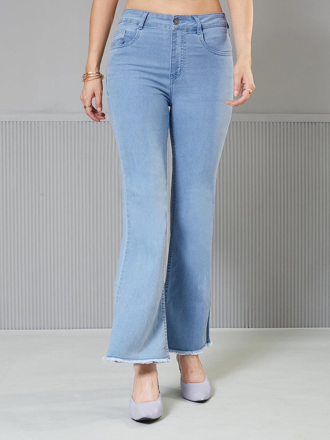 Light-Blue Boot Cut High-Rise Cropped Stretchable Denim Jeans for Women