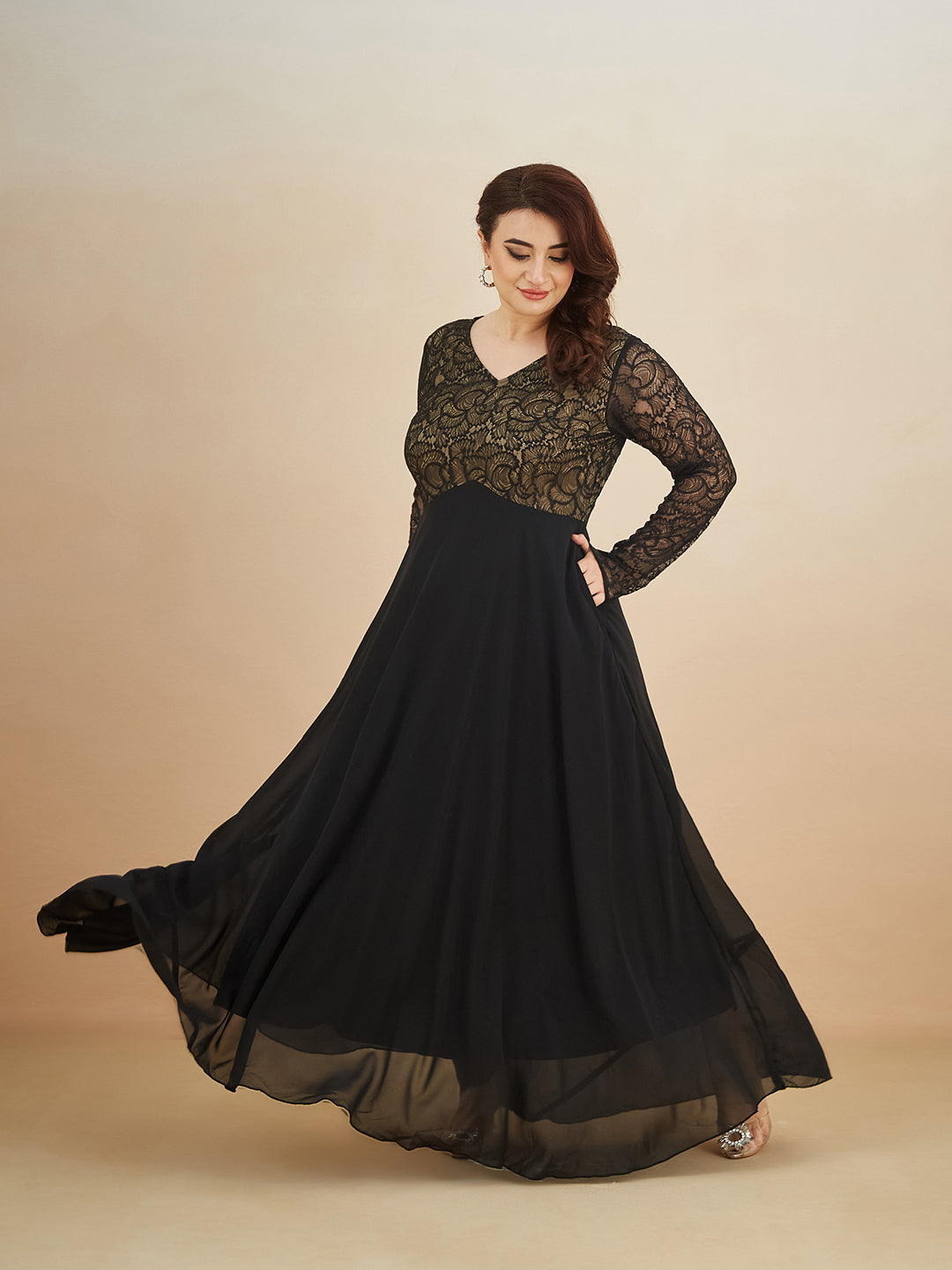 Black V-Neck Full Sleeve Self Design Lace-Overlaid Georgette Maxi Dress for Women