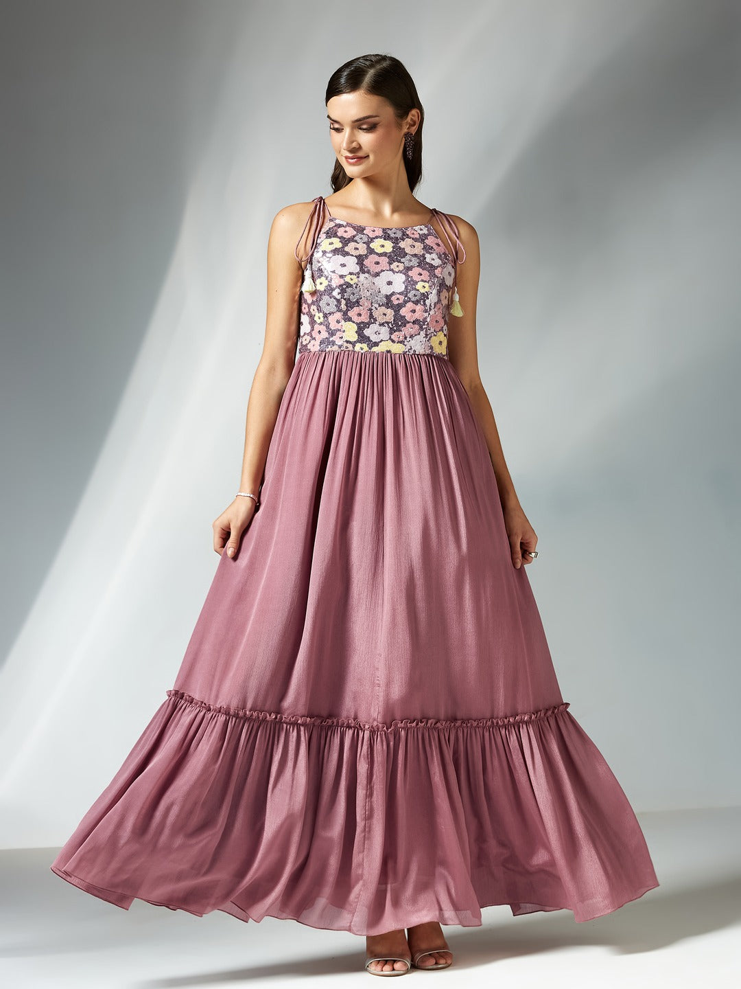 Mauve Floral Printed Sleeveless Maxi Dress for Women