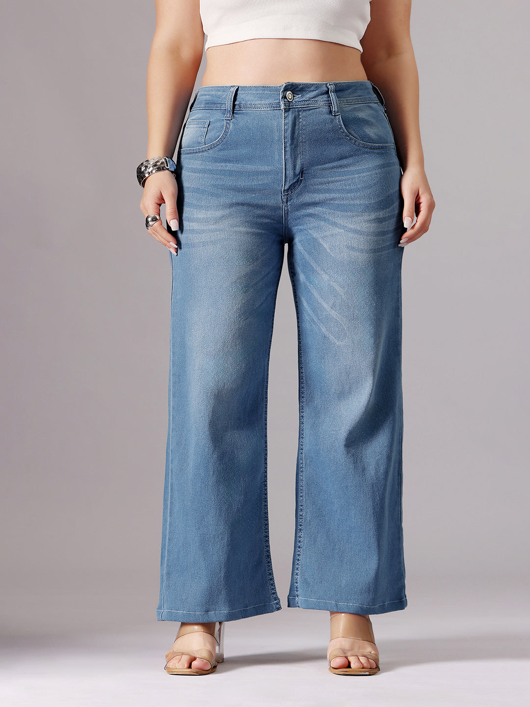 24/7 Comfort Light Blue Wide-Leg fit Mid-Rise Regular Length Stretchable Denim Jeans