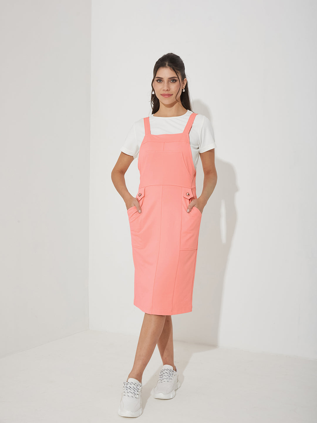 Peach and Off-White Solid Pinafore Midi Polyester Co-ord Set with Utility Pockets for Women