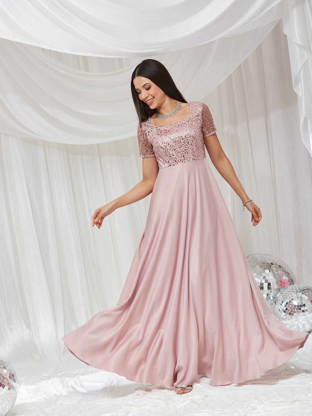 Dusty Pink Sweetheart Neck Half Sleeve Embellished Embellished Maxi Satin  Dress for Women
