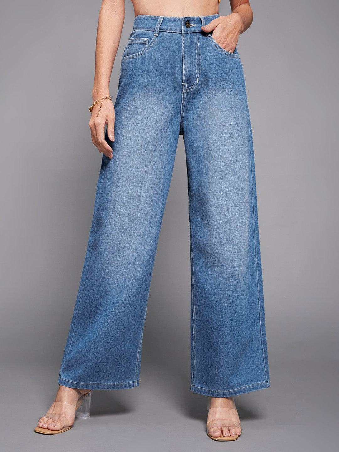 Women's Light Blue Wide-Leg High-Rise Non-stretchable Denim Jeans