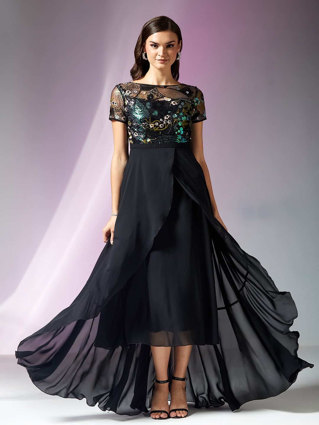Multicolored Base Black Round Neck Short Sleeve Floral Layered Georgette Midi Dress for Women — Miss Chase