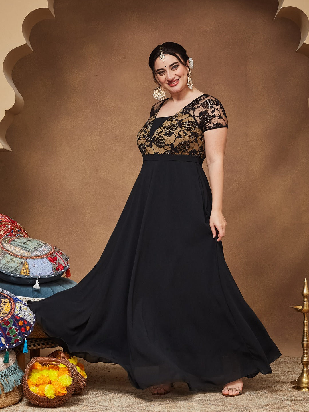 Black Square Neck Raglan Short Sleeve Self Design Lace Overlaid Georgette Maxi Dress for Women