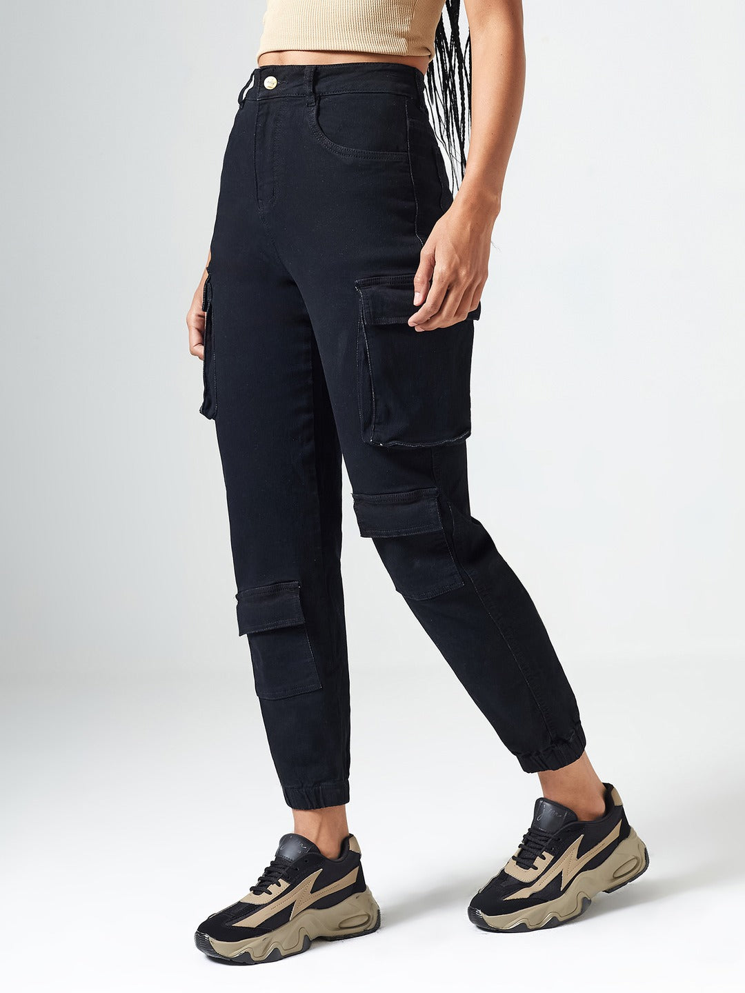 Black Regular High Rise Clean Look Regular Stretchable Denim Joggers for Women