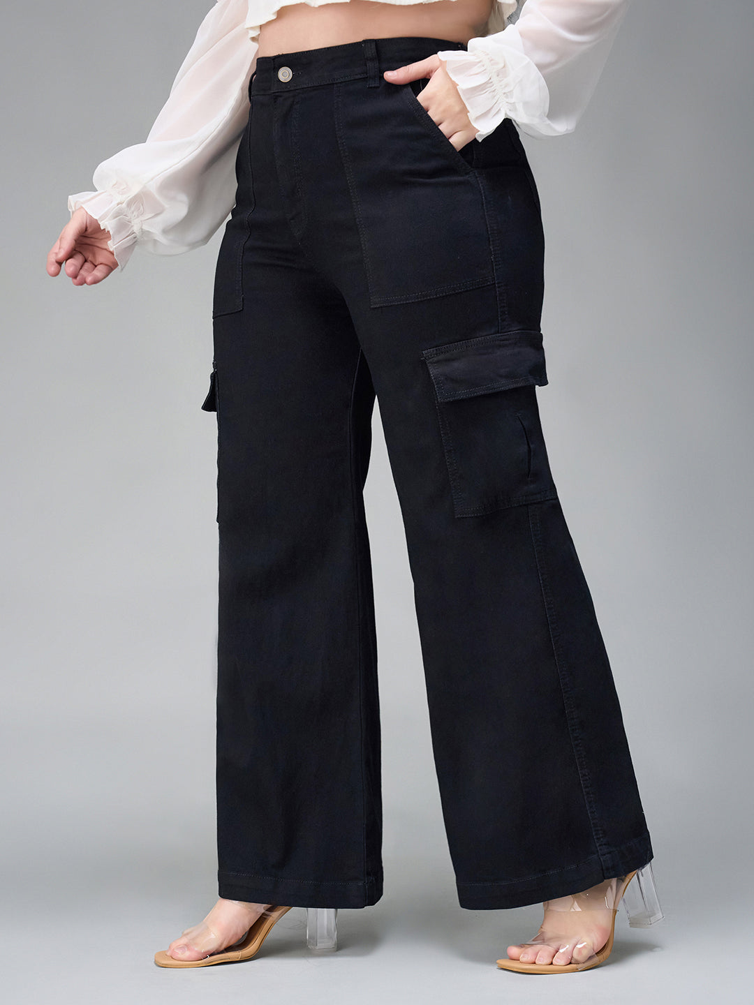 24/7 Comfort Black Wide-Leg High-Rise Stretchable Denim Cargo Jeans for Women
