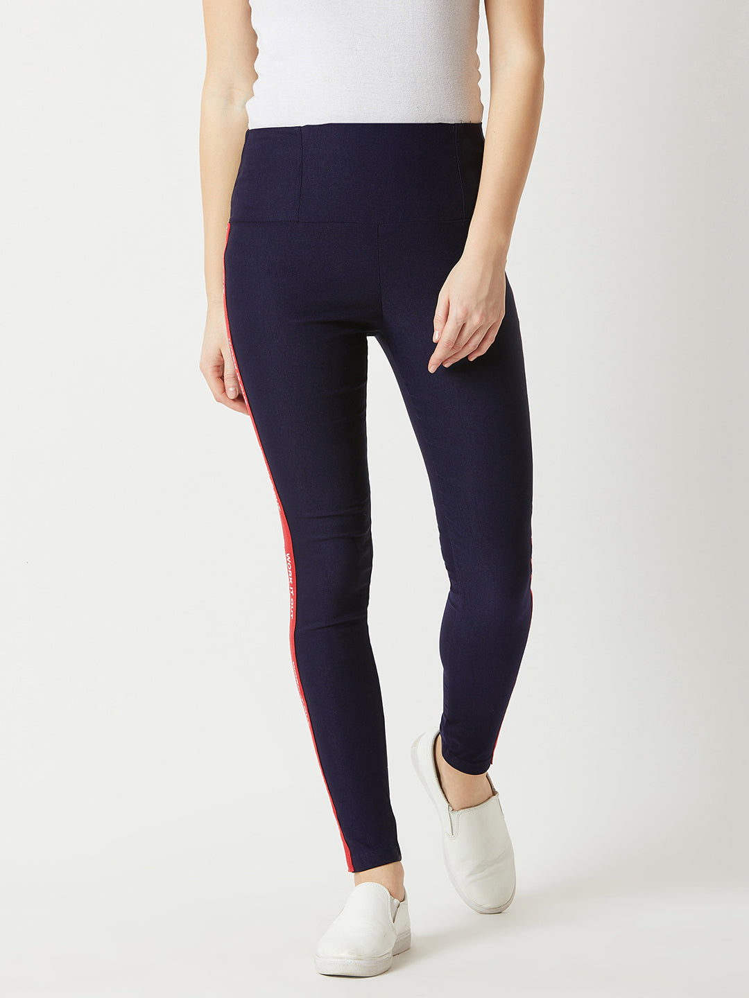 Women's Navy Blue Twill Tape Detailing Solid High Waist Regular Length Patch Pocket Jeggings