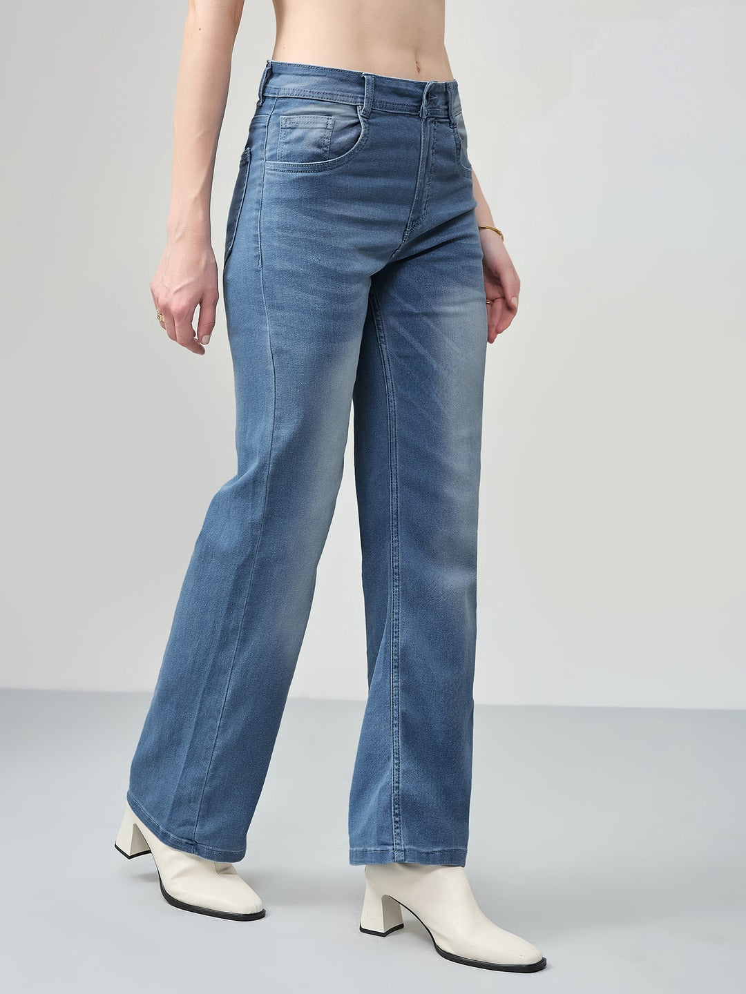 Light Blue Wide-Leg Mid Rise Blast Effect Light Weight Denim Jeans for Women