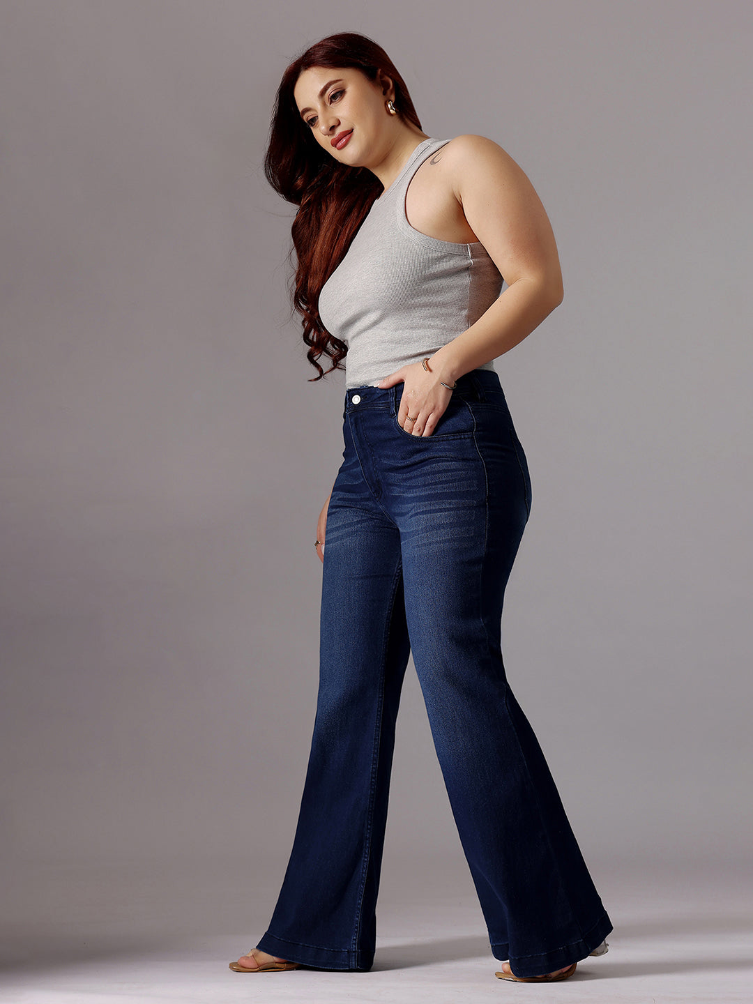24/7 Comfort Navy-Blue High-Rise Clean-Look Regular-Length Stretchable Bootcut Denim Jeans