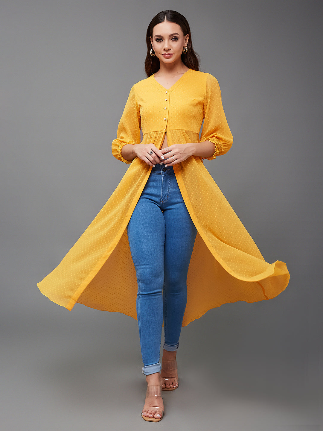 Mustard Yellow V-Neck 3/4 Sleeves solid empire Maxi Top for Women