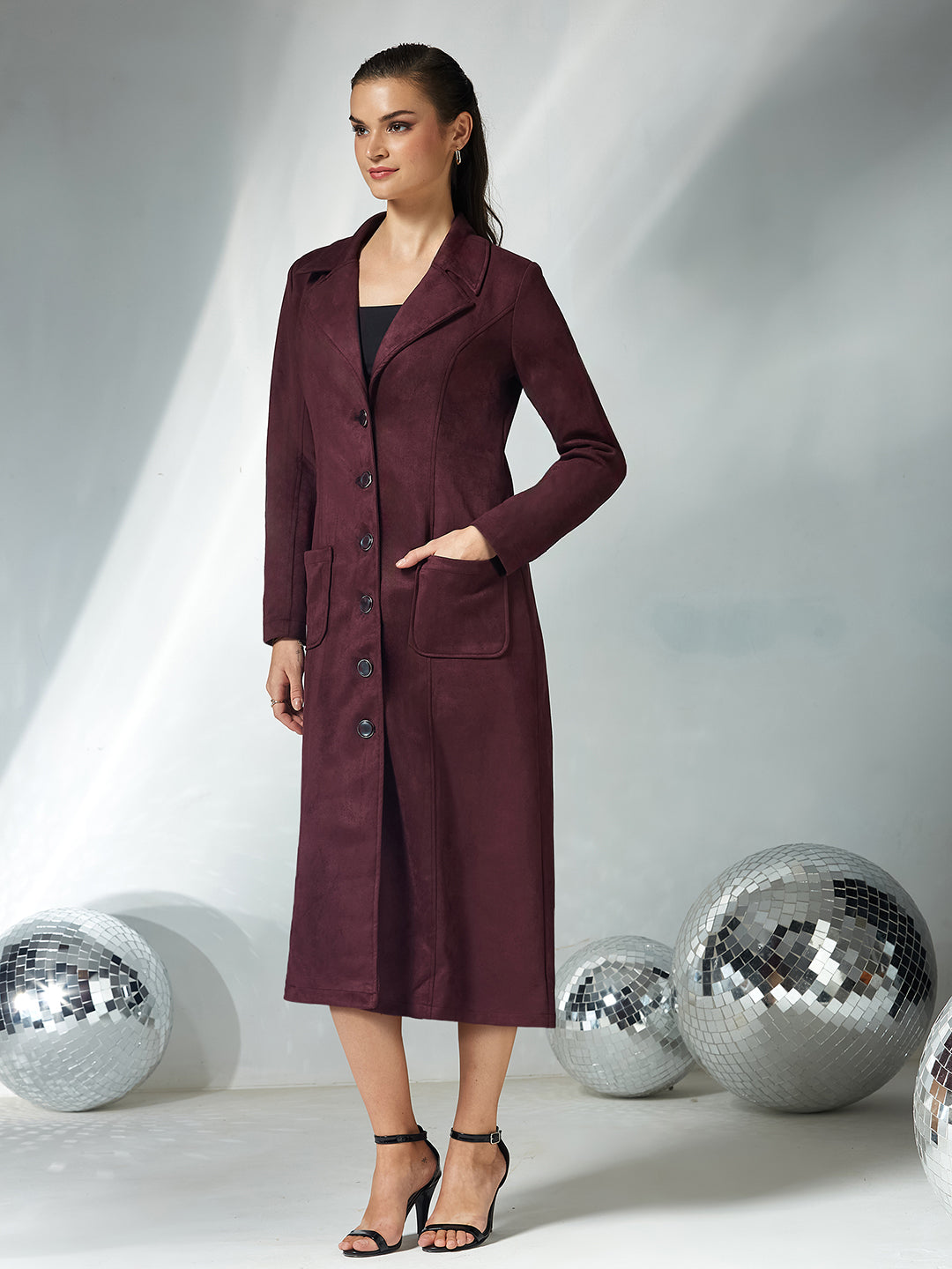 Women's Wine Solid V-Neck Full Sleeves Patched Pocketed Polyester Button Down Longline Winter Wear Jacket