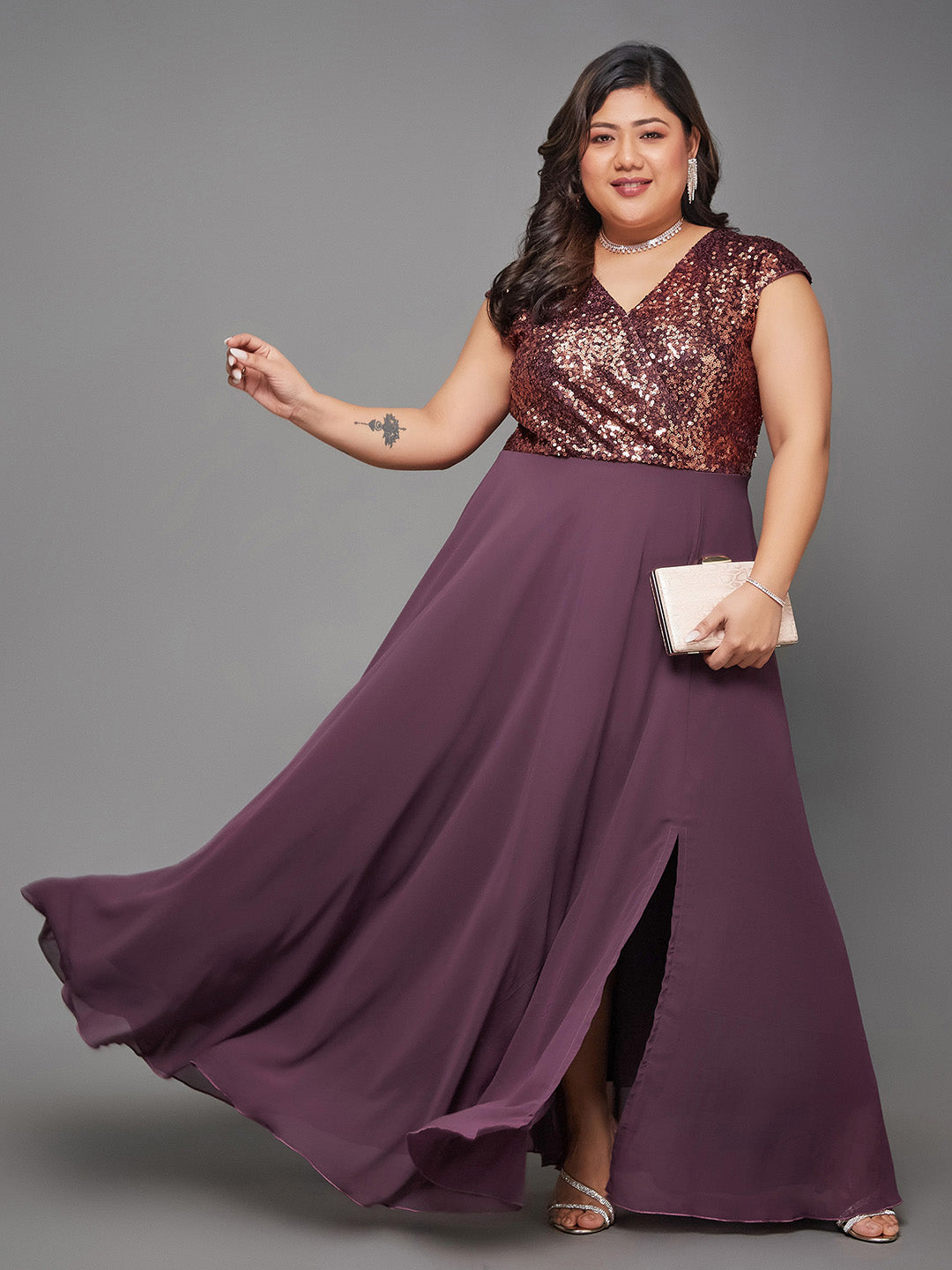 Mauve & Wine Sleeveless Fit and Flare Sequinned Maxi Dress Long Dress Frock for Women