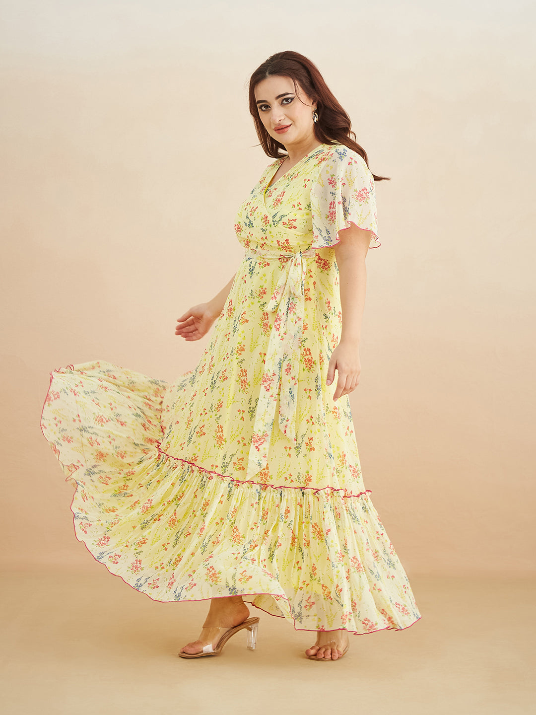 Multicolored-Base-Yellow V Neck Flared Sleeve Floral Wrap Maxi Dress for Women