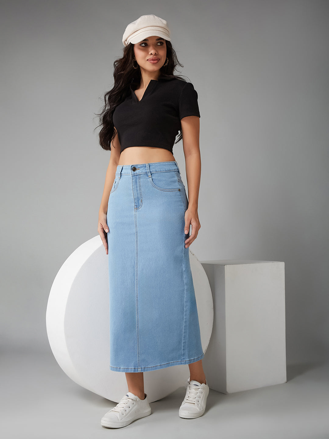 Women's Light Blue Straight High-Rise Clean-Look Midi Stretchable Denim Denim Skirt
