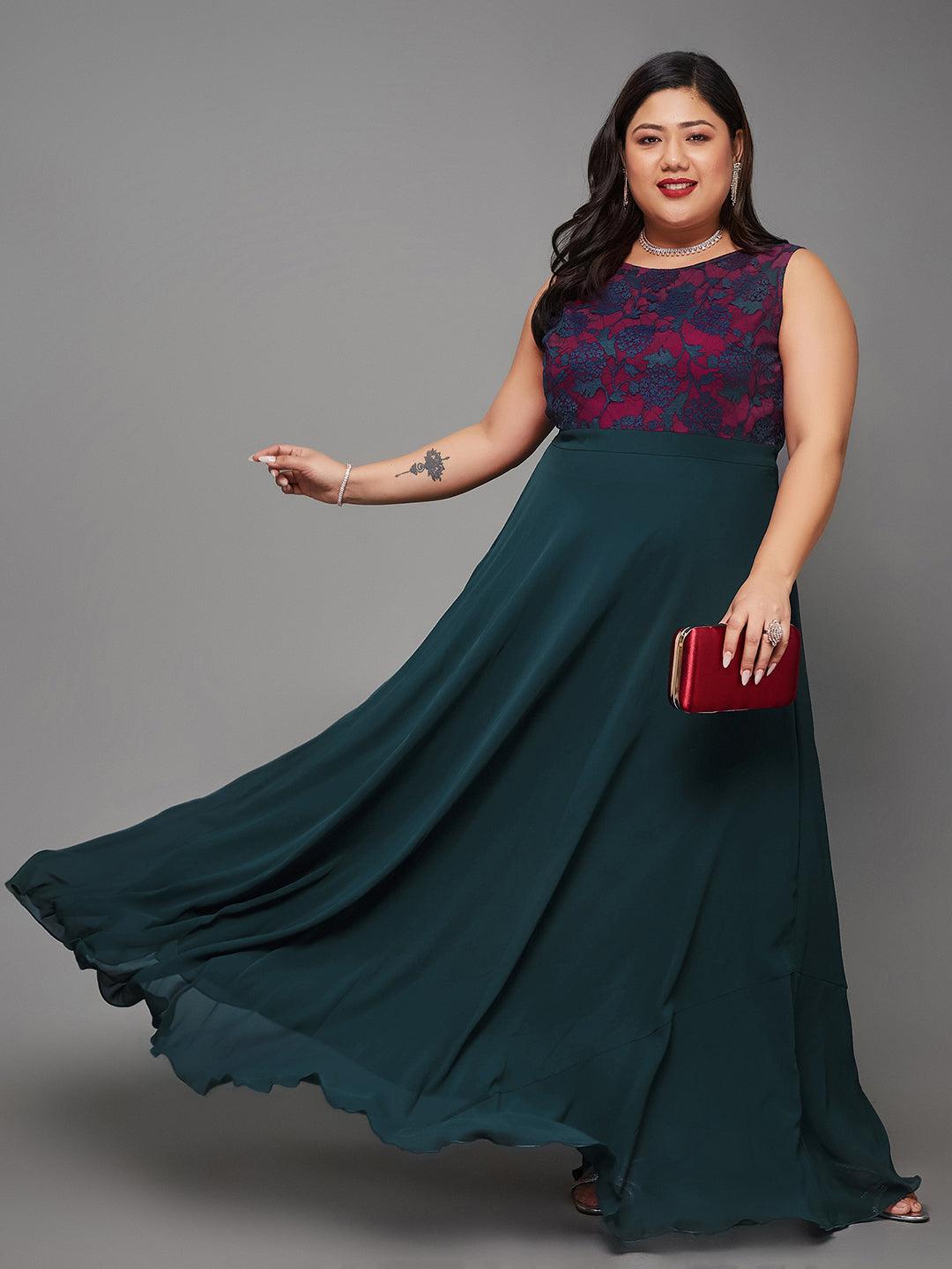 Body Bliss Teal Georgette & Lace Floral Fit & Flare Maxi Dress